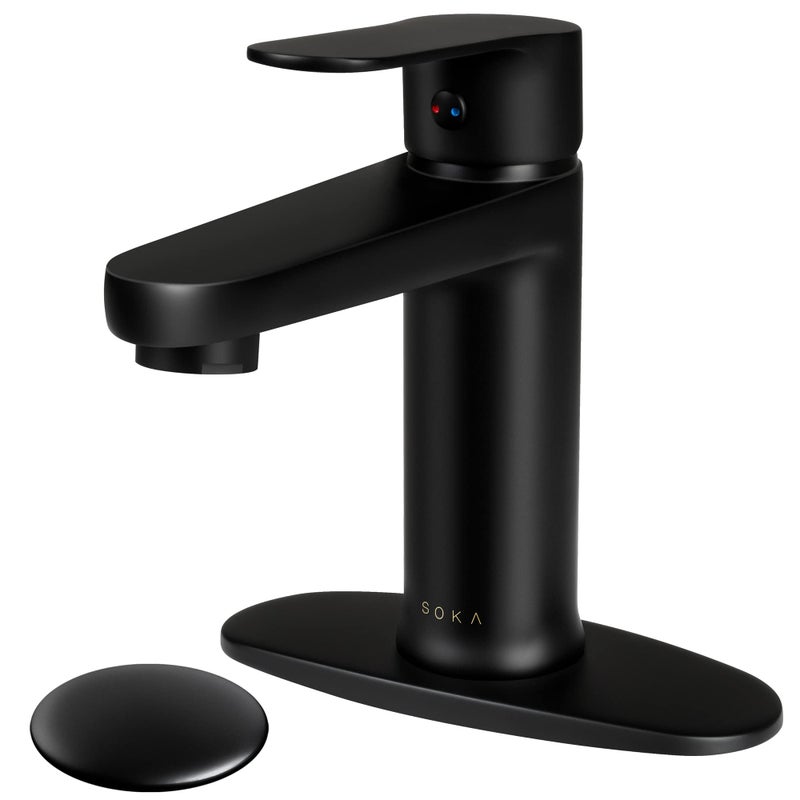 SOKA Brass Bathroom Faucet Matte Black with Pop-up Sink Drain Stopper & Deck Plate - 1 or 3 Hole Single Handle RV Faucet - Image 1